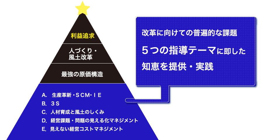 利益追求人づくり・
風土改革
最強の原価構造
A.　生産革新・ＳＣＭ・ＩＥ
B．３Ｓ
C．人材育成と風土のしくみ　
D．経営課題・問題の見える化マネジメント　　   
E．見えない経営コストマネジメント　　　
改革に向けての普遍的な課題
5つの指導テーマに即した
知恵を提供・実践
